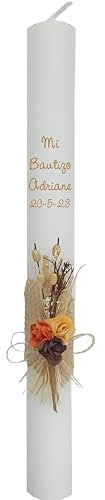 VELA (CIRIO) PARA BAUTIZO DE CERA BLANCA PERSONALIZADA. MEDIDA 3x30 CM DECORADA CON PICK FLORAL RÚSTICO