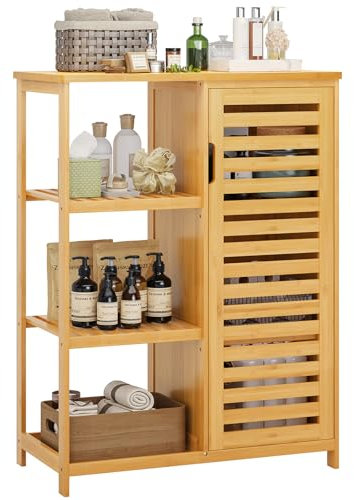 VIAGDO Badezimmerschrank Bambus mit 3 offenen Ablagen, Badschrank mit Tür Badezimmer-Aufbewahrungsschränke Küchenschrank für Flur, Wohnzimmer, Küche, Arbeitszimmer, 66 x 33 x 87 cm