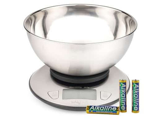 Salter Kitchen Scale with Bowl – Multiple Measure, Measures Liquid, 5kg/11lbs Capacity, 2L Steel Dishwasher Safe Bowl, LCD-Display, Stainless-Steel, Dual Use, Perfect for Baking, Cooking, Meal Prep