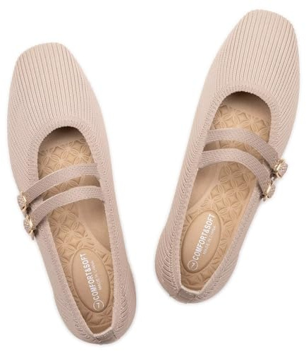 Frank Mully Damen Flats Square Toe Mary Jane Ballerinas mit Riemchen Bequeme Schlupfschuhe Strickschuhe Elegant Casual, Beige, 40 EU