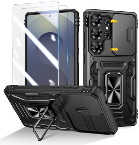 Doeshine for Samsung Galaxy S25 Ultra Case with 2 Pack Screen Protector, 360° Rotate Ring Stand, Slide Camera Cover, Heavy Duty Shockproof Protection Hard Case for Samsung Galaxy S25 Ultra (Black)