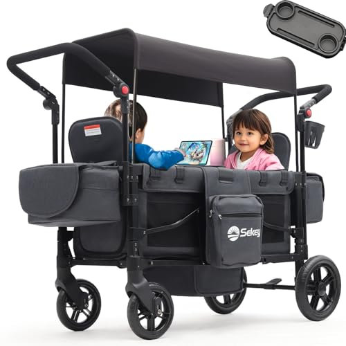 Sekey Bollerwagen Kinder Zwillingsmodus, Bollerwagen Faltbar mit Dach 2 Kinder, Duo Schiebegriff Kinderwagen Doppelsitz mit 2 integrierten 5-Punkt-Gurtsystem, Zwillingskinderwagen (Schwarz, Premium)