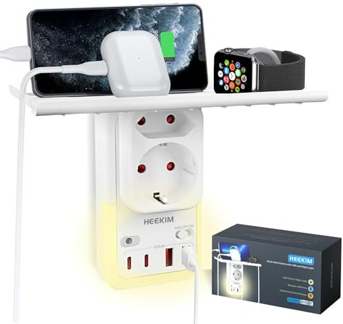 heekim Steckdose LED-Nachtlicht, Nachtlight mit 2 USB-A und 2 USB-C und 2-Fach Steckdosenadapter mit Stand Einstellbarer automatischer Lichtsensor