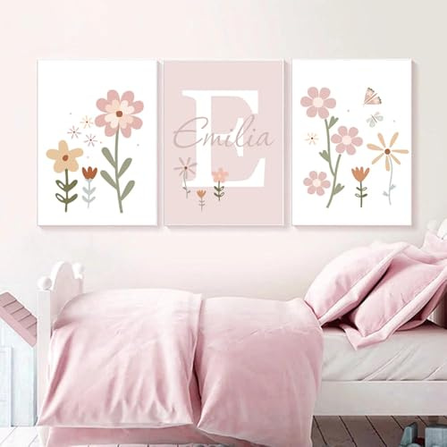 3 Affiche Prenom Personnalisé Bebe 30x40cm Tableau Chambre Fille Rose Fleurs Poster Decoration Murale Chambre ado Fille Enfant Toile Chambre Bébé Fille Cadeau sans Cadre