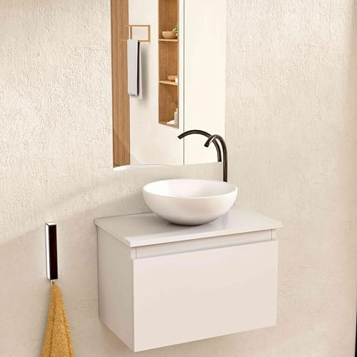 BELLOBATH - Mueble Baño Suspendido con Lavabo de Cerámica Redondo y Espejo, Mueble Baño con Lavabo Montado con 1 Cajón, 49,5 x 32 x 30 cm, Mueble Blanco