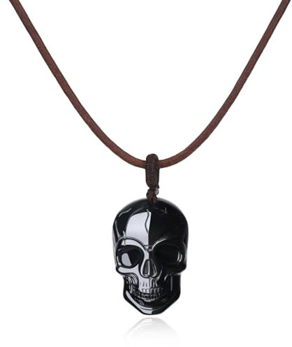COAI Collana da Uomo in Vera Pelle Italiana con Pendente Teschio in Ossidiana Nera, Collana Gotica da Uomo Pietre Naturali