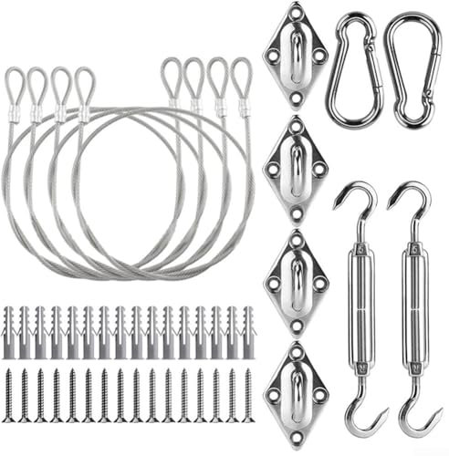 Kit de fixation pour voile d'ombrage triangulaire et rectangulaire, 44 pièces de composants robustes en acier inoxydable avec tendeurs et crochets