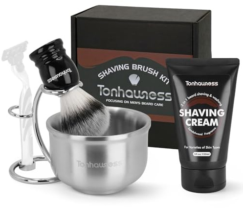 Shaving Brushes Kit For Men, 4 In 1 Shaving Brush Set Includes Nylon Bristle Shaving Brush, Sandalwood Shaving Cream, Stainless Steel Shaving Bowl and Stand (Nylon Bristle with Cream)