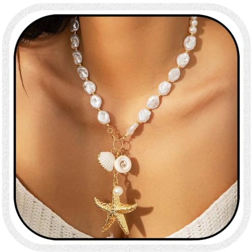 Atigy Boho Seestern Halskette Perlen Muschel Halskette Anhänger Strand Halskette Schmuck für Frauen (Weiß)