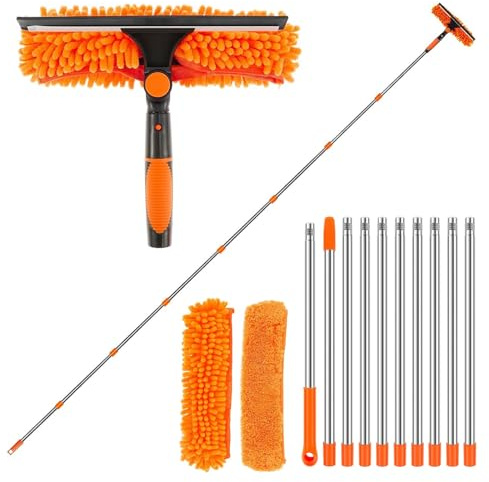 Kit Lavavetri Telescopico 4,5 m con 10 Prolunghe, Pulitore Vetri 2-in-1 con Spazzola in Microfibra e Racla in Gomma, per Interni & Esterni, Finestre Alte, Pareti, Auto