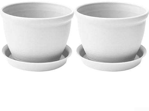 Lot de 2 pots de fleurs ronds élégants et pratiques en plastique avec drainage par le bas pour un entretien facile (blanc + fond)