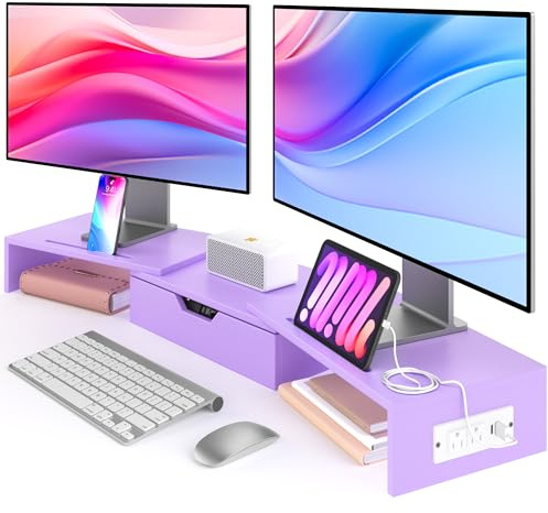 Elephance Dual-Monitorständer mit USB-Anschlüssen, Holz-Monitorständer mit Schublade, verstellbarer Monitorständer, Schreibtisch-Organizer für PC, Computer, Laptop, Rosa