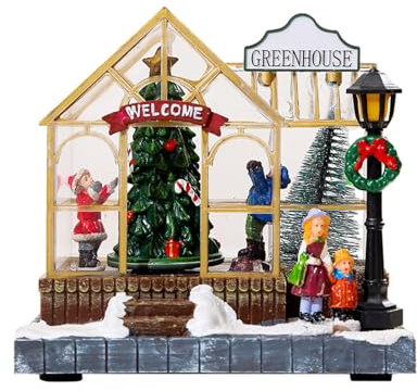 Décoration de serre musicale de Noël avec éclairage LED et figurines d'arbre rotatives - Statue de village animée - Résine de Noël miniature