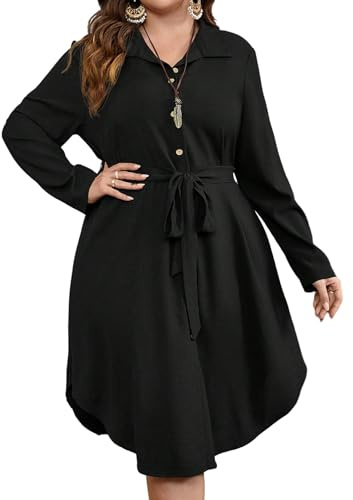 SweatyRocks Kleider Damen Große Größen Kleid Lässig Hemdkleid mit Gürtel Langarm Umlegekrage Midikleid Locker Casualkleid mit Knopf Herbst Schwarz 3XL