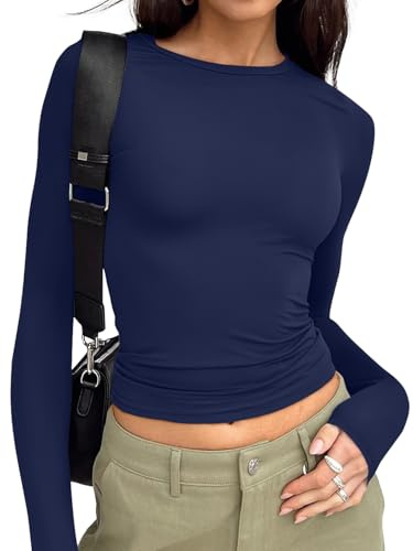 Trendy Queen Womens Long Sleeve T Shirts Fall Fashion 2025 Basic Crop Tops Going Out Outfits Y2k Clothes, Navy Blue, S