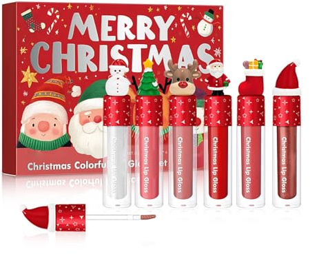 Weihnachten Hydrating Lipgloss Set, 6 Farben 3D Moisturizing Lippenöl Geschenkset, Feuchtigkeitsspendender Pflegender Lipgloss, Wasserfest & Langlebig Christmas Lippen Makeup Set (6PCS)