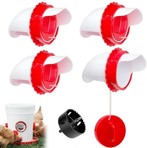 Cilkus - Juego de 4 puertos de alimentación de pollo, tazas automáticas de alimentación de aves de corral para cubos y contenedores, puertos de alimentación por gravedad sin residuos con cubiertas