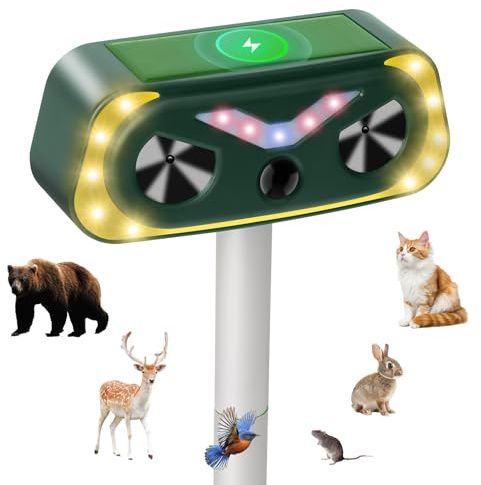 Repellente per Gatti, Ultrasuoni Solare Dissuasori per Piccioni, Ultrasound Repellente per Animali con Flash LED, Spaventa Uccelli, Cani, Topi per Giardino, Fattoria, Cortile