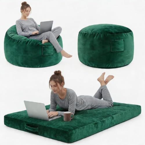 Garvee Sitzsack XXL mit Memory Foam – 4-in-1 Bean Bag für Erwachsene | Loungesessel & Schlafbett, Waschbarer Samtbezug, 112 x 112 x 70 cm, Grün