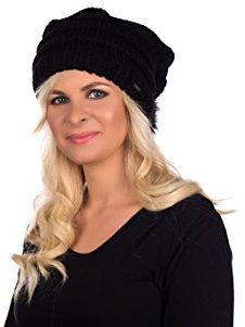 Birendy Beanie K Mütze, Pudelmütze, Strickmütze, dick und weich Wintermütze mit großer Fellbommel aus Fellimitat (Schwarz 103)