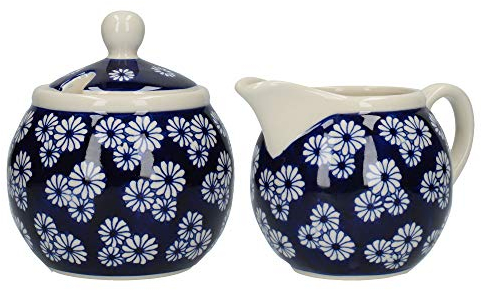 London Pottery JY18LT49 Out of the Blue Milk Jug and Sugar Bowl Set with Small Daisies Design, Stoneware, White / Blue, 2 Pieces