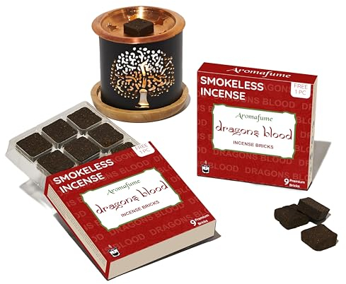 Aromafume Dragons Blood Incense Bricks (2 Trays x 9 Pieces Each) with Tree of Life Exotic Incense Diffuser | Ideal for Positive Vibe Generation, Meditation, Purification, Healing & Rituals