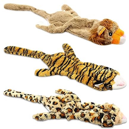 Jeeper Squeaky Dog Toys, 3 Pack no Stuffing Durable Plush Dog Squeaky Chew Toys Set for Puppy Small Medium Large Dogs Playing Making Fun, Wolf, Tiger, Leopard and Lion