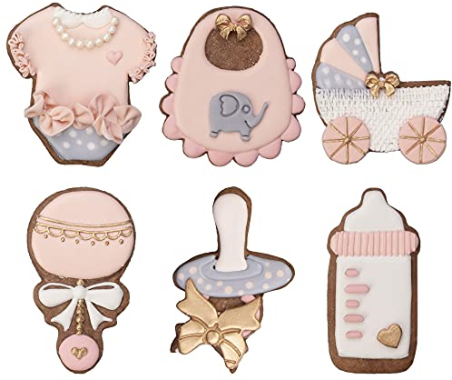 Babyparty-Ausstechformen-Set, 6 Stück, 3D-Stempel, DIY-Fondant, Dekoration für Kindergeburtstag, Party, Küchenwerkzeuge, Herstellung von Einteilern, Lätzchen, Babyflaschen, Schnuller, Babyrassel