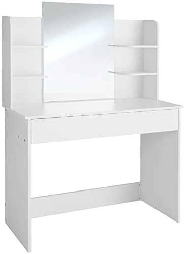 TecTake Dressing Table Camille with Large Mirror, Separated Drawer and Storage Shelves | White