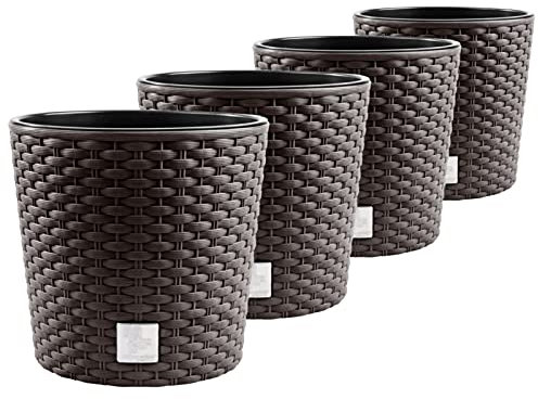Lot de 4 pots de fleurs en plastique aspect rotin avec insert Couleur terre cuite Ø 20 cm
