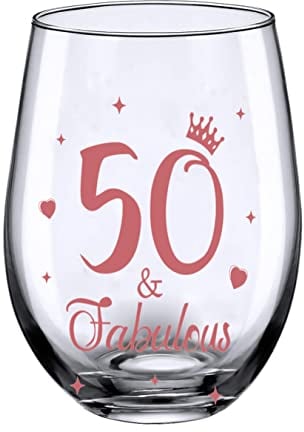 JUWNMANT 50th Birthday Gifts, Men and Women Cheers Wine Glasses, 50th Birthday Party Wedding Anniversary Decor Gift, 17oz Stemless (50 and Fabulous)