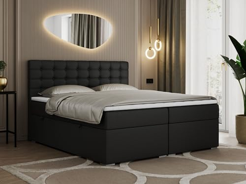 MKS MEBLE Boxspringbett Schwarz 180x200, Polsterbett 180x200 mit Bettkasten, Bett 180x200 mit Multipocket-Matratze H3, Boxspringbett 180x200 mit Kopfteil und Topper - H3 Schwarz Kunstleder - Susan