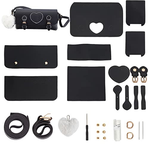 WADORN 28pcs DIY Leder Stricken Häkeln Tasche Machen Kit, Leder-Umhängetasche Materialien Geldbeutel Basteln Nähen alle Accessoires Handgemachte Tasche Kreuzstich-Werkzeug-Set, 21.8X 11.9cm, Schwarz