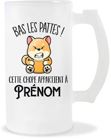 Planetee Chope de bière Prénom personnalisable chien Shiba Inu bas les pattes | Verre pinte de bière idée cadeau personnalisé drôle et original pour collègue de travail famille et amis