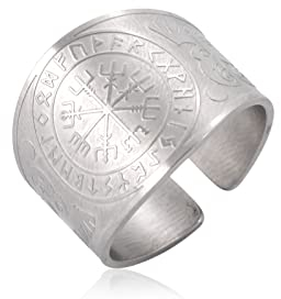 KKJOY Viking Vegvisir 24 Runen breiter Bandring Edelstahl Odins Rabe nordische Mythologie offene Fingerringe magischer Talisman Schmuck für Männer Frauen (Durchmesser 19mm, Vegvisir 24 Runen - Silber)