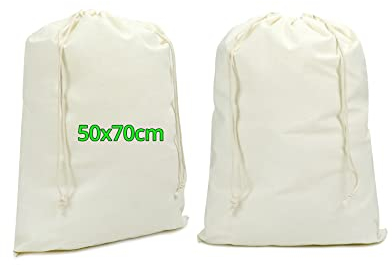 QWORK® 2 Piezas Bolsa de Algodon Bolsa Ropa Sucia - 50 x 70 cm - 100% Algodón 180g/m² - Reutilizable y Lavable a Máquina