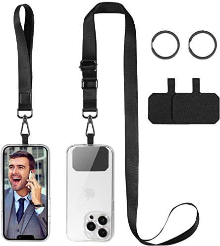 DGHYDZ Cell Phone Lanyard, Universal Crossbody Lanyards Adjustable Shoulder Neck Strap with wrist lanyard, 2 Key Rings, 2 Phone Tether Pads Compatible Most Smartphones (Pure Black)