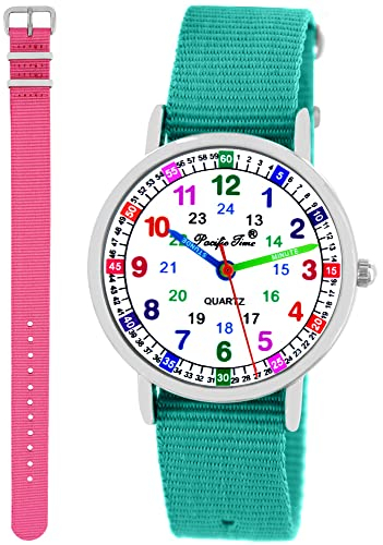 Pacific Time Kinder Armbanduhr Mädchen Jungen Lernuhr Kinderuhr Set 2 Textil Armband türkis + rosa analog Quarz 11121