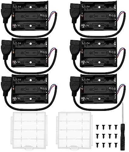 6 PCS 3 AA Battery Holder Bundle, KUOQIY 3 x 1.5V AA Battery Storage Box with USB Female Socket, with 2 PCS Plastic Battery Storage Box & Screwdrivers & Screws