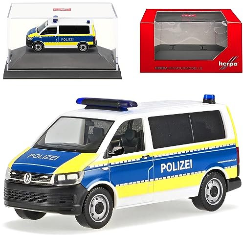 Volkwagen T6 Bus Polizei Brandenburg Personen Transporter T5 Ab 2. Facelift 2015-2022 mit Sockel und Vitrine H0 1/87 Herpa Modell Auto mit individiuellem Wuns..