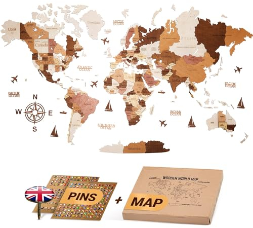 WOW WOOD® Premium Wanddeko 3D Weltkarte Holz in Englisch mit Pins | Werkzeuglose Wandmontage | Eine Geschenkidee für jede Gelegenheit | Wanddeko Holz für Wohn- und Büro Deko | Holzfarbe L(160x85cm)