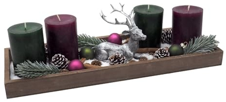 ZauberDeko Adventsgesteck Tablett Braun Kerzen Grün Beere Hirsch Silber Weihnachten Deko