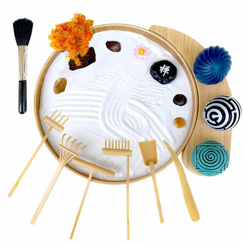 Imamse Zen Garden for Desk, Sand Tray Therapy Kit,Zen Gift Set,Japanese Desktop Mini Zen Garden, Zen Office Décor & Home Meditation - 3 Stamp Spheres & Custom Holder, Sand Tools & Rake