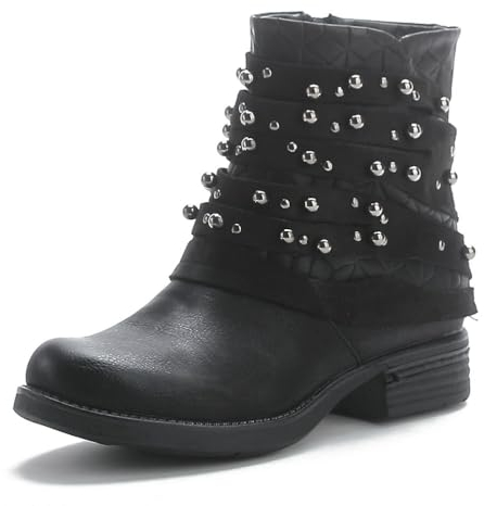 Pogolino Stivaletti da donna con borchie da motociclista con chiusura lampo, piatti e comodi ST016, ST016 NERO, 41 EU