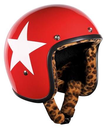 BANDIT Jet Star Open Motorcycle Helmet Red Gloss Leopard Liner Custom Biker Style Visor Included Red Gloss Star Leopard Liner Open Helmet STARR-L (L)