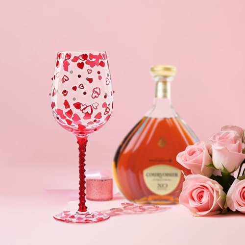 Dgtkayi Verre à vin peint à la main en forme de cœur avec strass - 450 ml - Cadeau pour anniversaires, mariages, Saint-Valentin