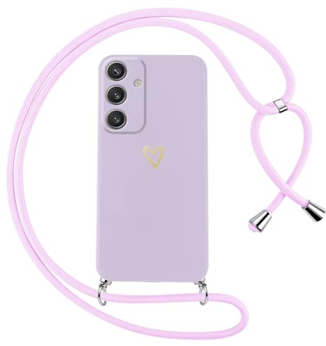 Oelrstfe Handyband für Samsung Galaxy S24 5G Hülle mit Band Herz Motiv Handyhülle für zum Umhängen Silikon Stoßfest Ultra Dünn Weich Schutzhülle mit Kordel Necklace Kette Gold Love Muster Case,Lila