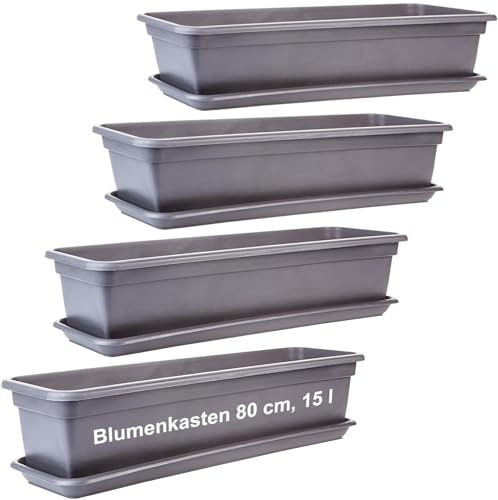 2friends Balkon Blumenkasten Set 80cm, 4er-Pack, mit Untersetzer, Kunststoff, EU-Fertigung, Anthrazit