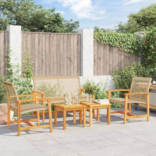 Rantry 5-TLG. Gartenlounge Set Gartenmöbel Set Gartensofa Sitzgruppe Lounge Sofa Gartenset Sofa Balkonmöbel Loungemöbel Garten Sitzgarnitur Gartengarnitur Beige Poly Rattan und Akazienholz