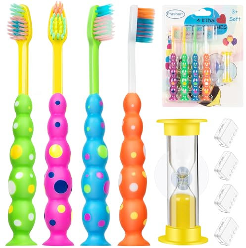 PRASBURR Cepillo de dientes para niños, cepillo de dientes con temporizador de succión, cabezales de cepillo de tamaño infantil (3-10 años), ventosa para diversión y fácil almacenamiento, cerdas de